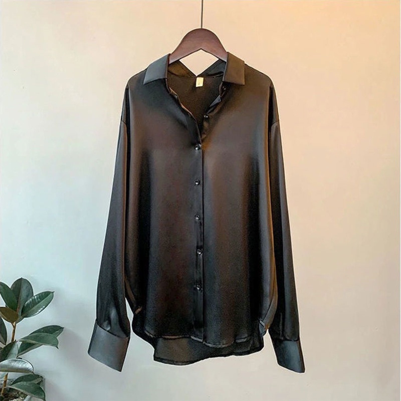 Áo Sơ Mi Lụa Satin Tay Dài Cổ V Màu Trơn Đính Nút Thời Trang Công Sở Cho Nữ Màu Sắc