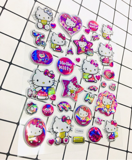 Sét Sticker mèo kitty 3D bóng halogram nổi trống nước trống xước, hình dán hello kitty