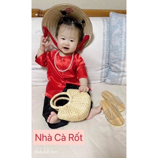 Set bà ba đỏ lụa hàng may thiết kế cho bé