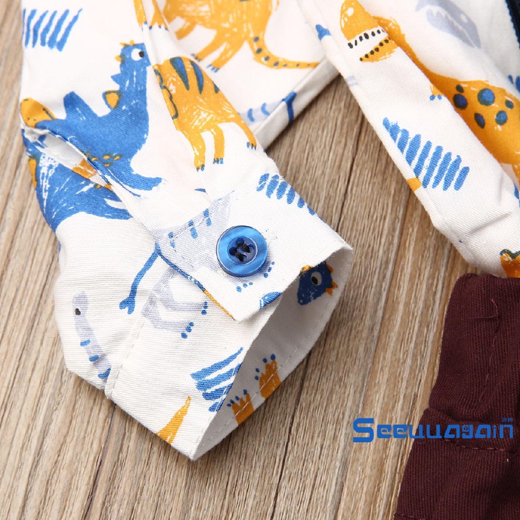 ❥☀✿SEEBaby Boy Cartoon Dinosaur Print Bowtie Romper and Strap Trousers Set Infant Long Sleeve Jumpsuit Bib Pants Two