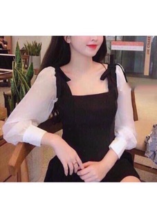 ☀️Đầm Cổ Vuông Tay Lưới Trắng