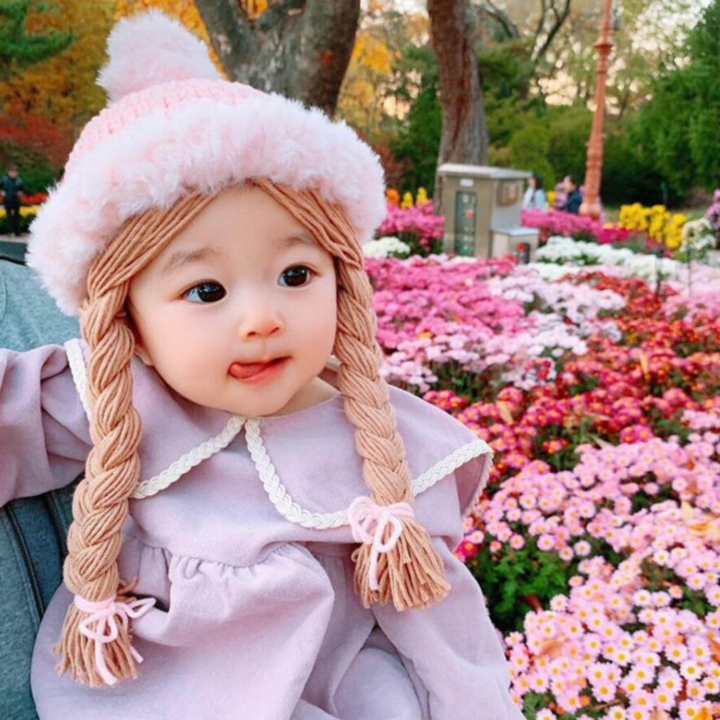 Haha Mũ Dệt Kim Thủ Công Vải Lông Mềm Ấm Áp Đính Tóc Giả Thắt Bím Thời Trang Thu Đông Dành Cho Trẻ Em Bonnet