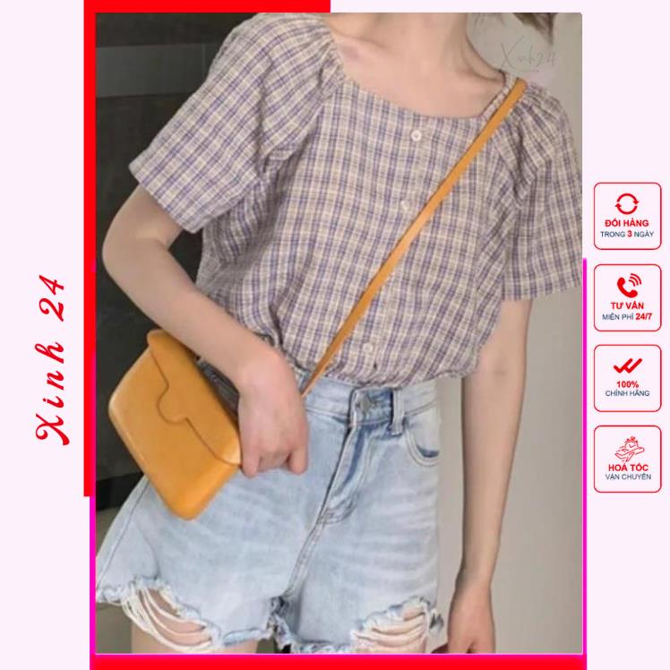Áo Kiểu Nữ Cổ Vuông Sọc Caro trẻ trung xinh xắn, phong cách Hàn Quốc | BigBuy360 - bigbuy360.vn