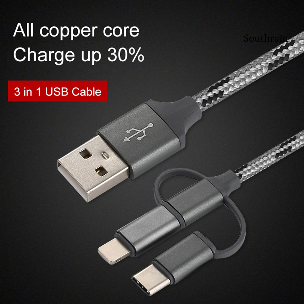 Southrain Universal Fast Charging Data Sync 3 in 1 USB Cable for Type-C Android iPhone