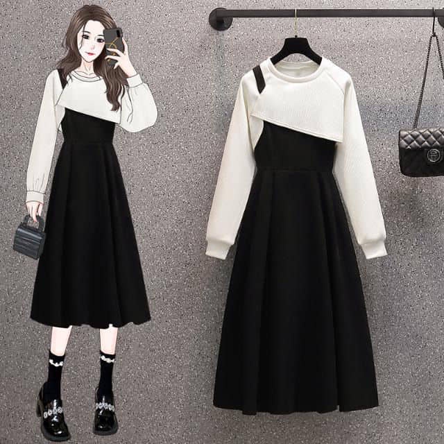 Set nữ áo thun mỏng trắng be mini croptop vạt chéo dài tay + váy hai dây đen dài form chữ A có size