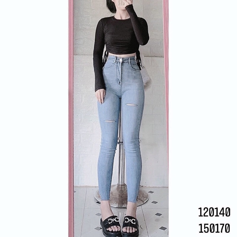 Quần Dài Jean BigSize Rách Màu Xanh Nhạt Râu Mèo - Lưng Siêu Cao - Form Ôm 60kg-96kg