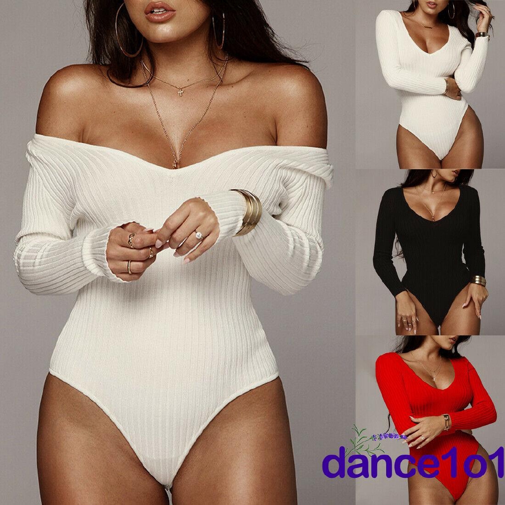 Bộ bodysuit tay dài cổ V trễ vai thời trang Thu Đông cho nữ