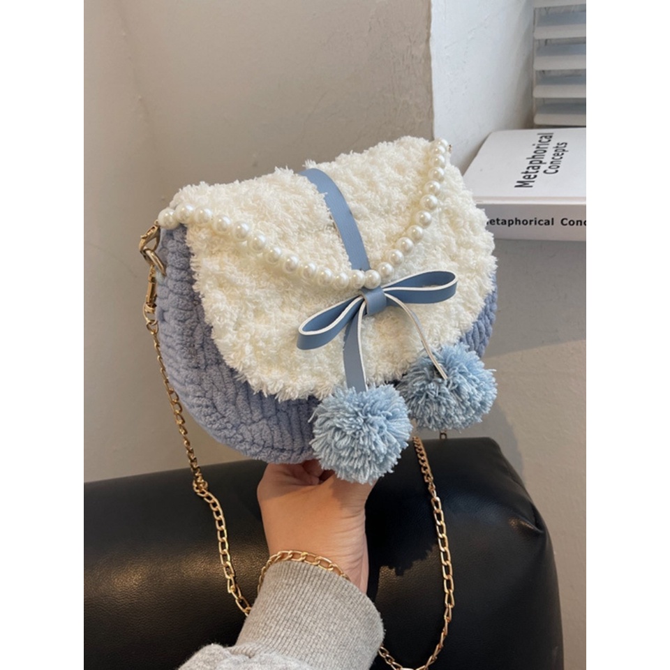 DIY Túi Handmade Tự Đan Yên Ngựa Pom Pom Có Nơ - Phụ Kiện Đan Túi