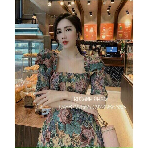 [ Miễn Phí Ship 2022 ] Đầm thổ cẩm họa tiết in hoa màu sắc, đầm nữ tay phồng ôm eo tôn dáng