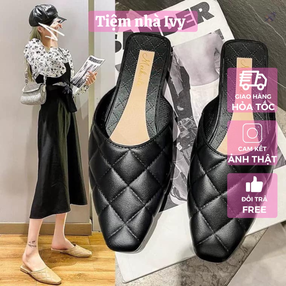 Dép Sục Nữ Kiểu Dáng Sục Mũi Nhọn Đế Bệt, Họa Tiết Trần Trám Phù Hợp Đi Làm Đi Chơi Giá Rẻ