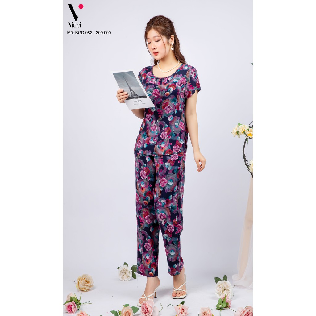 Bộ đồ mặc nhà trung niên lanh nhung Vicci áo cộc,quần dài BGDM.082