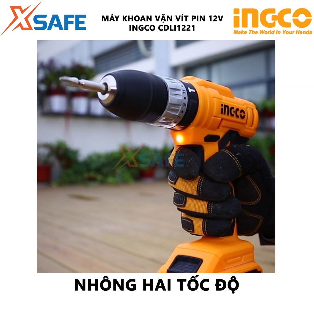 Máy khoan pin cầm tay 12V INGCO CDLI1222 10mm tốc độ 1350v/p, lực siết., nhông 2 tốc độ, kèm 2 pin, 1 sạc, 2 mũi cr-v 65