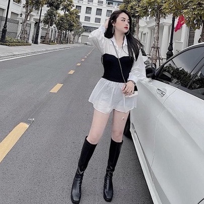 Áo sơ mi phối màu cổ bẻ kiểu babydoll xinh xắn