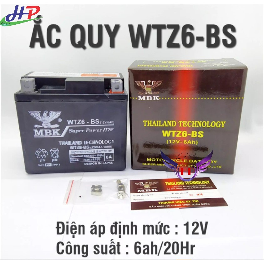 Bình ắc quy khô THAILAND WTZ6BS-12V6AH- KT (mm): 113 x 70 x 106 ( D x R x C)Xe Airblade, PCX, Vision, CLICK, SH Mode,