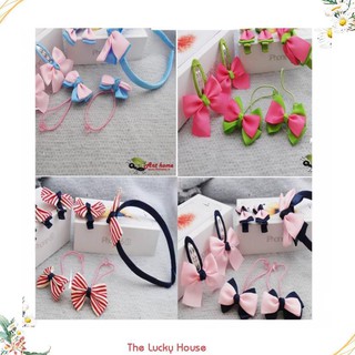 Bộ bờm nơ 7 món kẹp tóc bờm và dây buộc handmade cho bé.