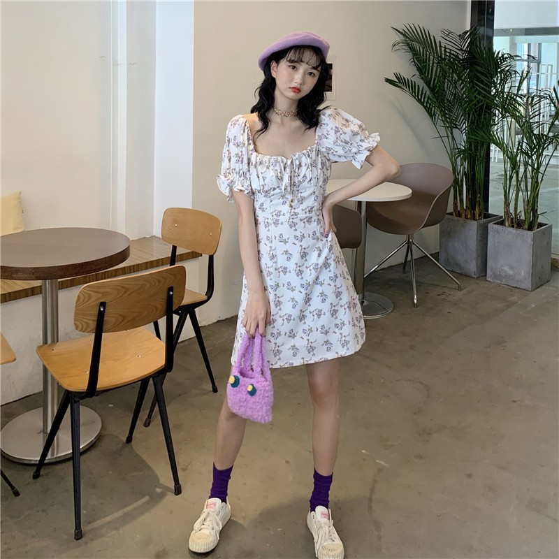Đầm Xiaozhainv Cổ Vuông Tay Ngắn Họa Tiết Hoa Xinh Xắn Cho Nữ | BigBuy360 - bigbuy360.vn