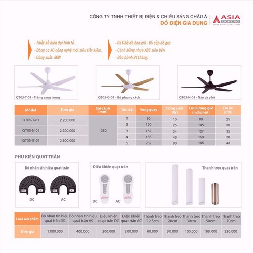 Quạt trần 5 cánh ASIA QT05 chính hãng