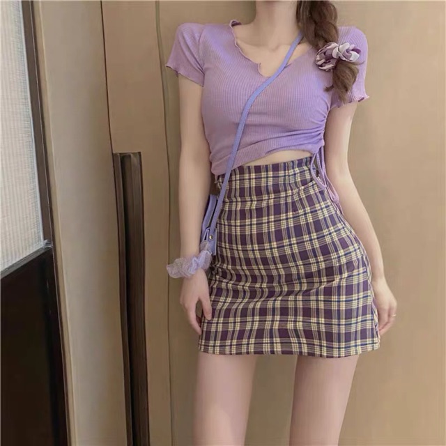 ☂️SET ÁO CROPTOP DÂY RÚT + CHÂN VÁY CHỮ A KẺ☂️