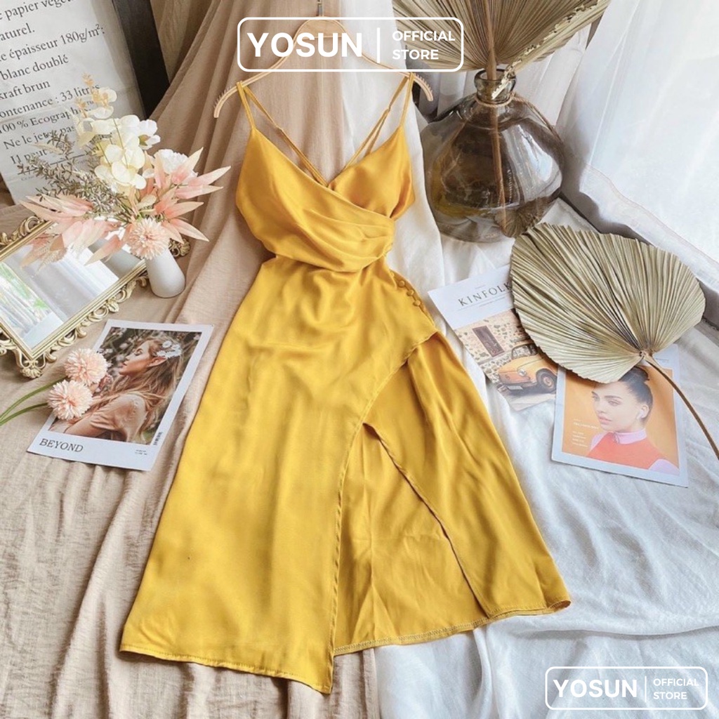 Đầm Nữ Đi Biển Đắp Chéo Ngực Quyến Rũ, Đầm Maxi Nữ Hai Dây Form Dài Đan Dây Lưng Màu Vàng Nổi Bật