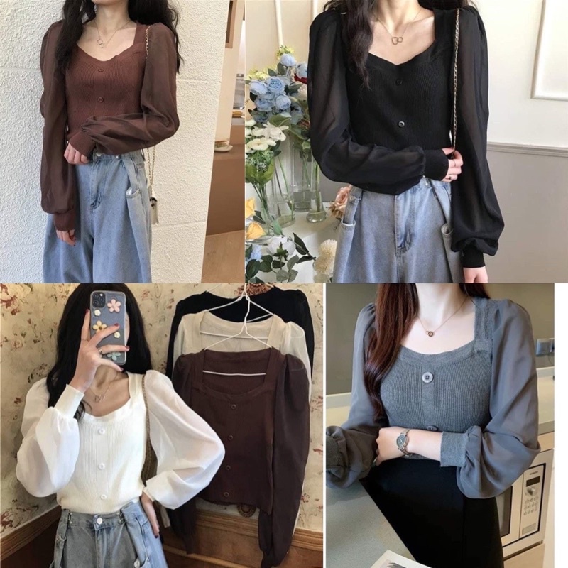 Áo len nữ ❤️áo nữ kiểu phối tay voan cổ vuông❤️ chất len dệt kim về đủ 5 màu