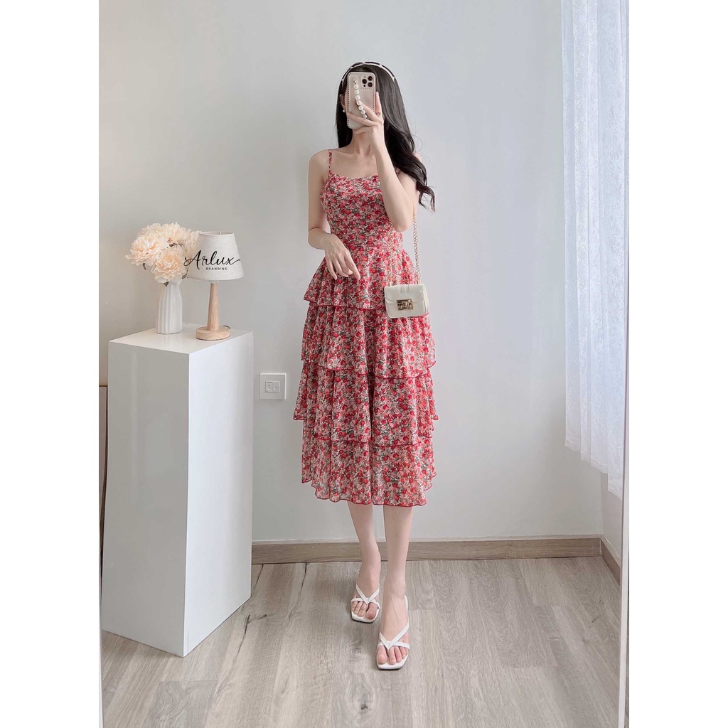 Đầm 2 dây thiết kế Hoa tùng xoè 3 tầng hoa nhí, đầm nữ đi biển thời trang