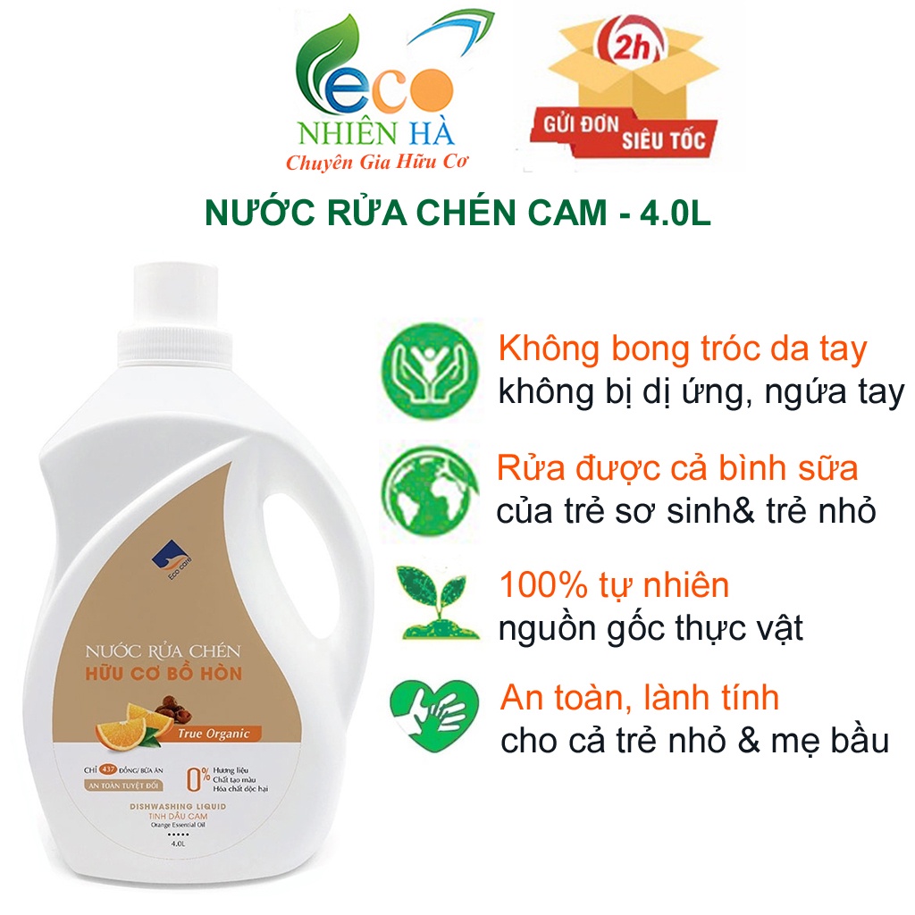 Nước rửa chén hữu cơ ECOCARE 4L tinh dầu cam, nước rửa bát cho bé, an toàn da tay