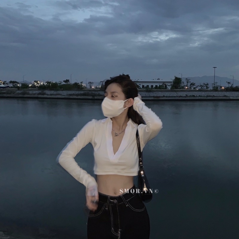 [ ẢNH THẬT ĐỘC QUYỀN SMOR.VN ] Áo croptop tay dài cổ V