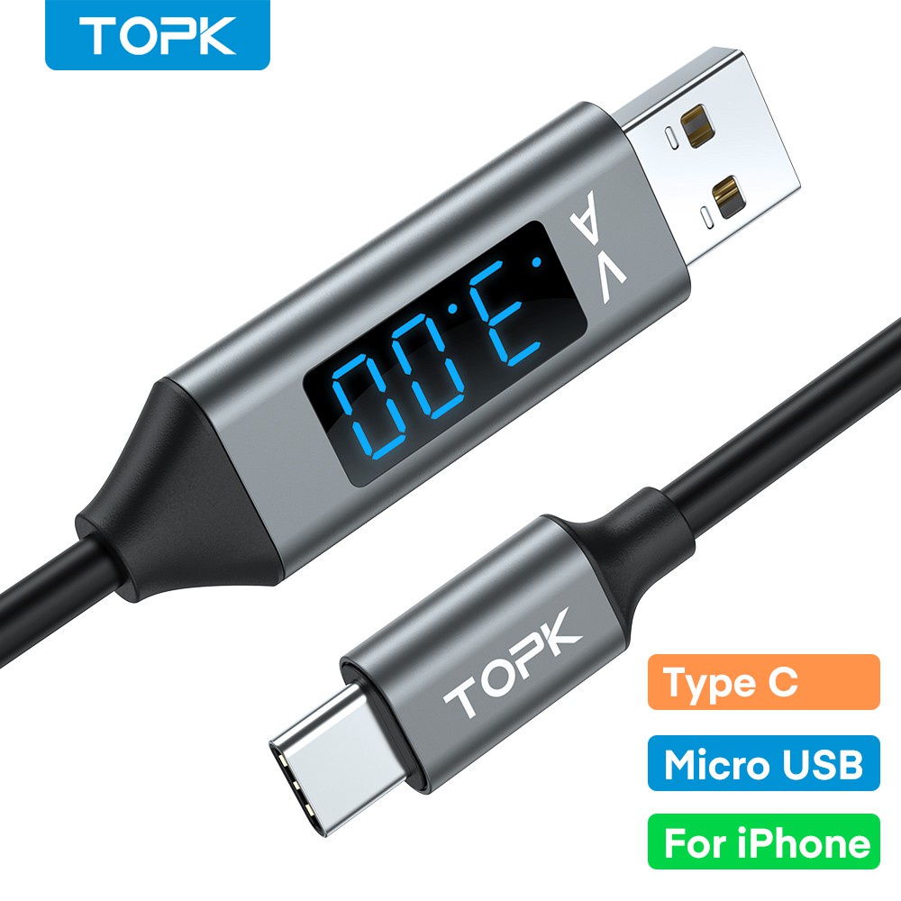 Cáp sạc TOPK AC32 USB-,Type C,Micro, IP cáp đồng bộ dữ liệu màn hình LED hiển thị điệp áp và dòng điện