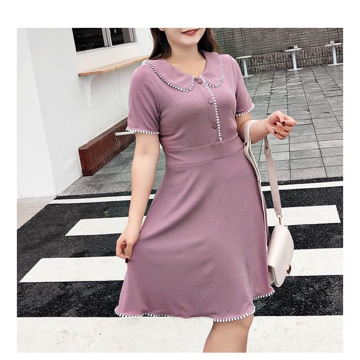 đầm thun tím nhạt big size viền ren bi trắng size lớn 80-100kg