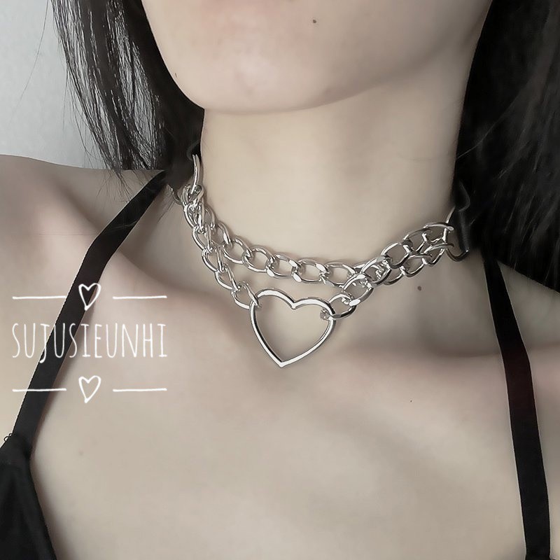 Vòng cổ choker da 2 dây xích trái tim