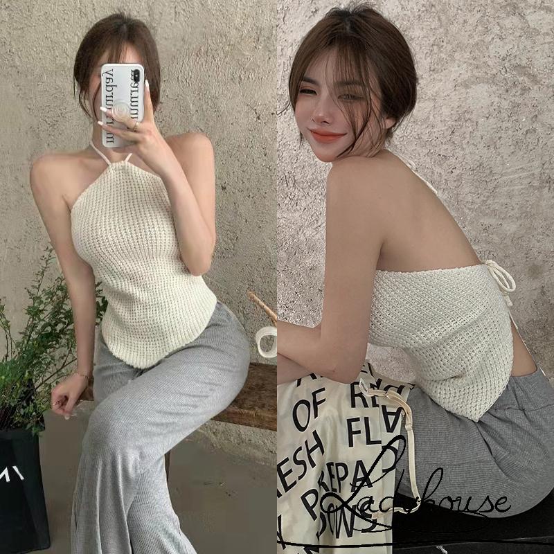 Áo Hai Dây Dệt Kim Màu Sắc Trơn Thời Trang Mùa Hè Cho Nữ