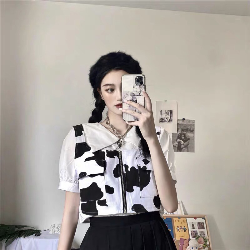 ÁO CROPTOP GILE DÁNG BA LỖ HỌA TIẾT BÒ SỮA KHÓA KÉO ULZZANG - Áo khoác gile croptop bò sữa