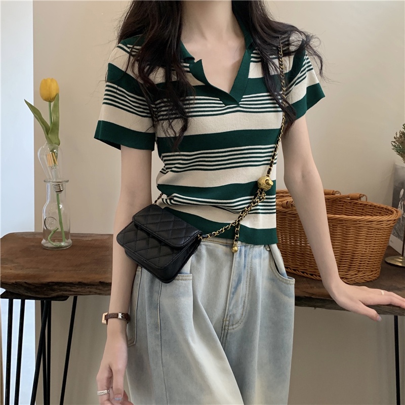 Áo thun ZHELIHANGFEI cổ polo tay ngắn họa tiết kẻ sọc thời trang dễ phối đồ dành cho nữ