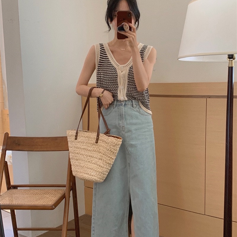 Áo dệt kim SUXI sát nách cổ chữ V màu tương phản phong cách Hàn Quốc thời trang hè cho nữ