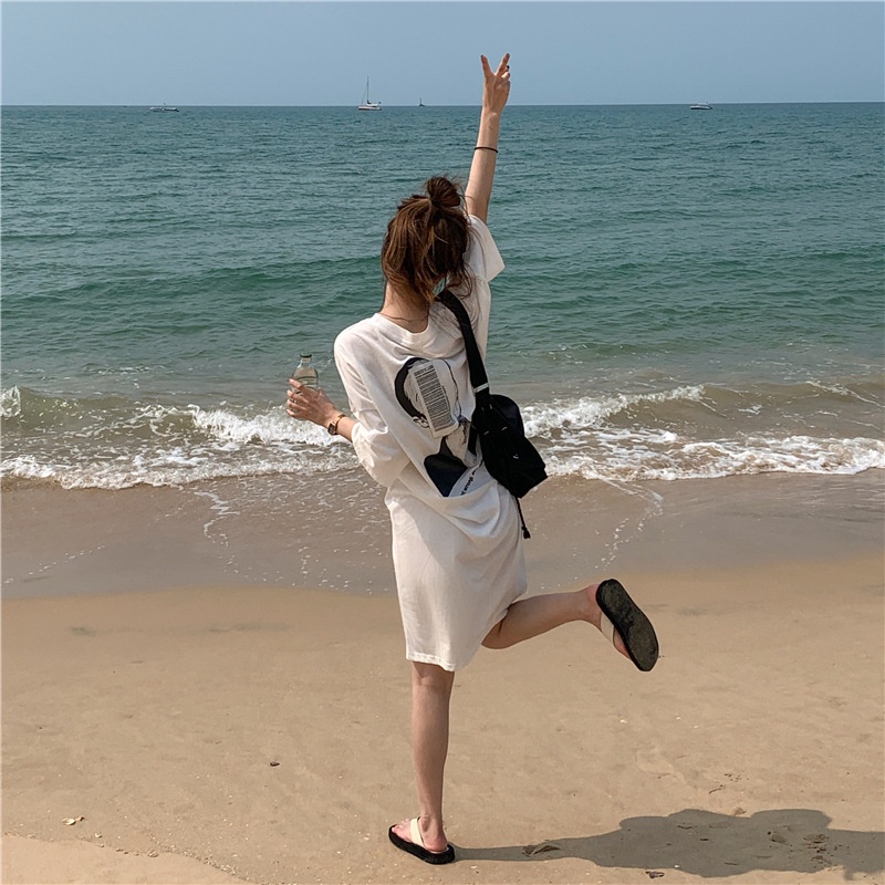 Đầm dài IELGY tay ngắn dáng rộng phong cách Hong Kong thời trang cho mẹ bầu