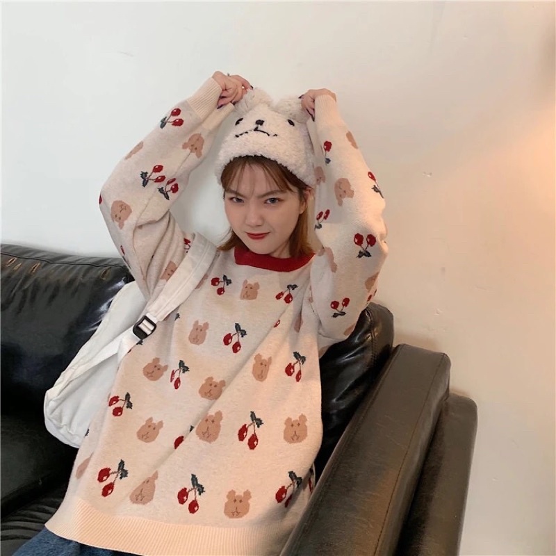 Áo len cherry cute form rộng