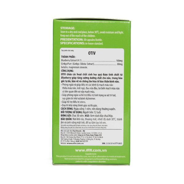Otiv Bổ não hộp 30 viên dưỡng não -  Tuần hoàn não từ thảo dược, hoạt huyết dưỡng não