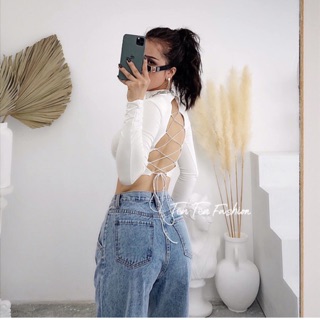 Áo croptop body dài tay đan dây lưng chéo