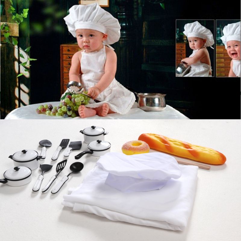 Mũ Đầu Bếp Nhỏ Co Giãn Màu Trắng Dùng Làm Đạo Cụ Chụp Ảnh Cho Bé Sơ Sinh