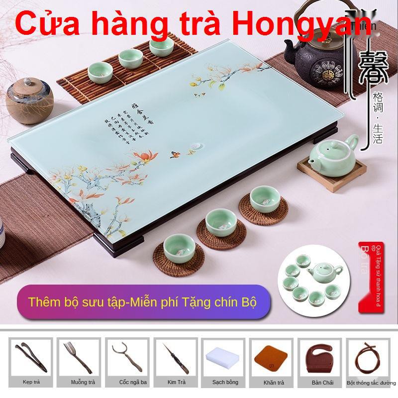 Vần cổ[Tặng bộ ấm trà khi đặt hàng] Loại thoát nước gia dụng Khay kính cường lực Bàn tráng men Kung Fu1