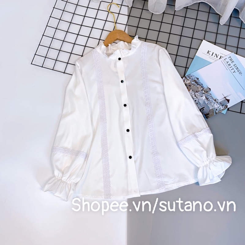Áo sơ mi trắng nữ,áo kiểu cổ tàu phối ren trẻ trung tay bồng bánh bèo kiểu dáng hàn quốc mặc đi học đi làm A563 SUTANO | WebRaoVat - webraovat.net.vn