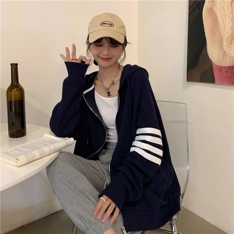 Áo khoác nỉ ngoại sọc tay có nón dây kéo unisex ulzzang nam nữ