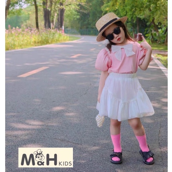 Sét tiểu thư xinh xắn bé gái, Sét áo tay phối tơ bồng nơ trắng xinh kèm chân váy tơ trắng 2 lớp cho bé