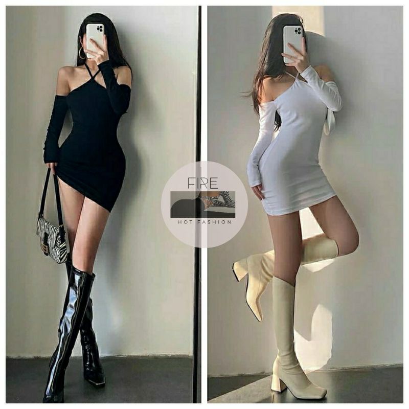 Đầm body đầm cổ yếm tay dài sang chảnh khoe vai gợi cảm Ảnh thật tự chụp Fire.vn 033