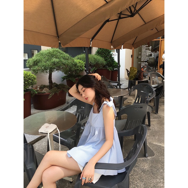 [Ảnh thật] Set áo 2 dây babydoll kẻ xanh thắt nơ vai kèm quần sooc trắng - Bộ áo 2 dây mix quần đùi trắng