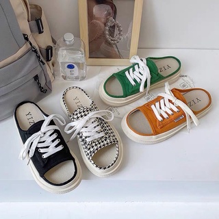 Dép nữ buộc dây đế cao 3cm kiểu dáng thể thao 2 màu đen và kẻ caro cực xinh