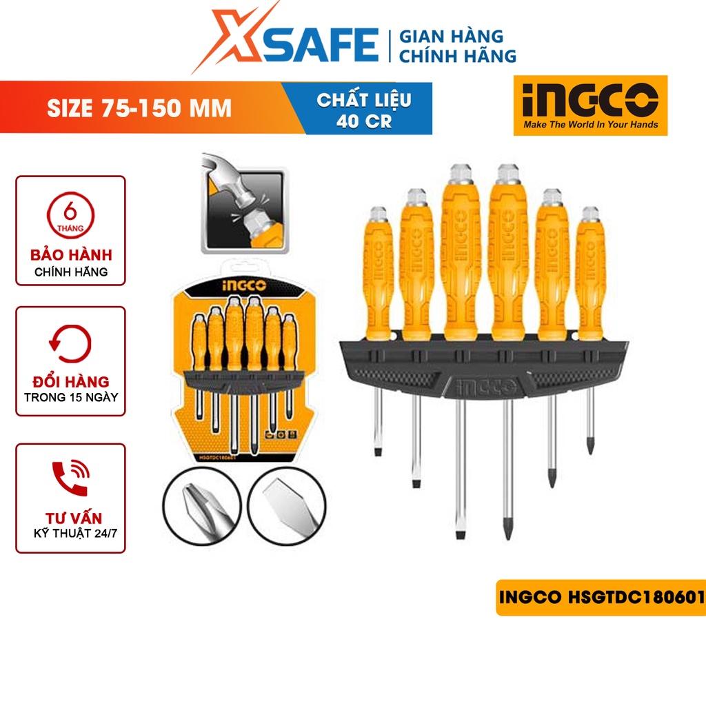 Bộ 6 tua vít đóng xuyên INGCO HSGTDC180601 Bộ tuốc nơ vít 6 chi tiết thép 40Cr, gắn cố định trên khung nhựa, vỉ nhựa