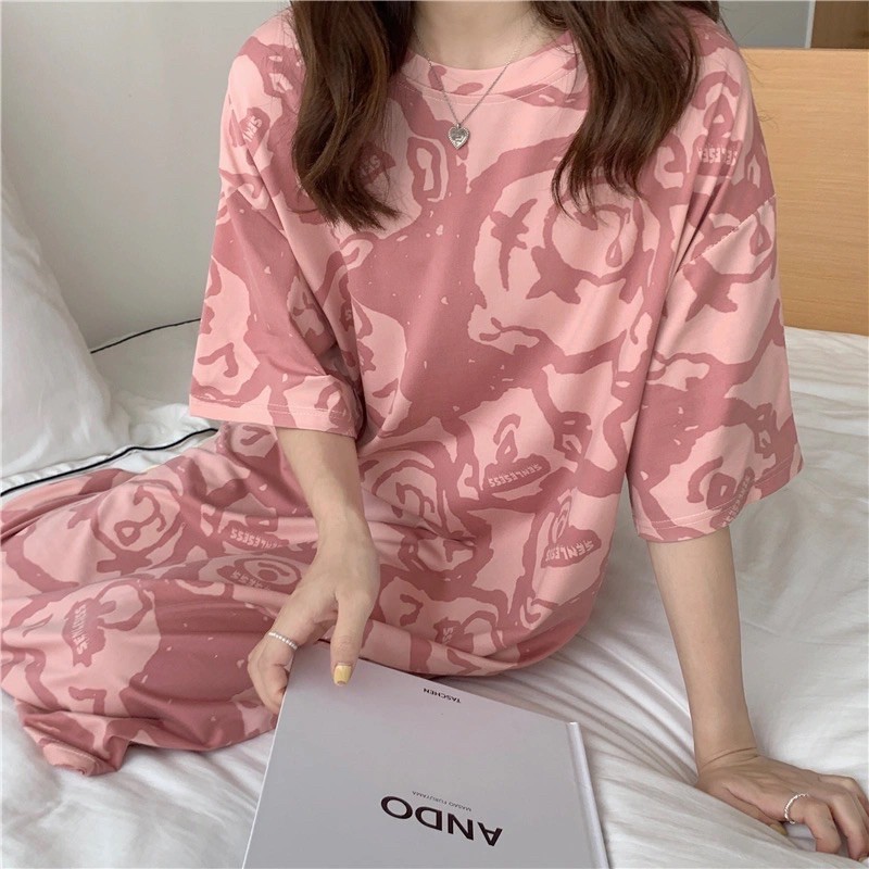 Váy ngủ dáng xuông hình gấu hồng đáng yêu, Váy ngủ màu hồng đáng yêu