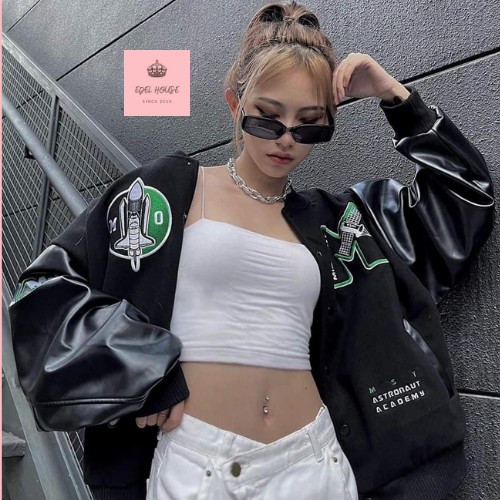 Áo Khoác Bomber Unisex Missout Nỉ Phối Tay Da Edel