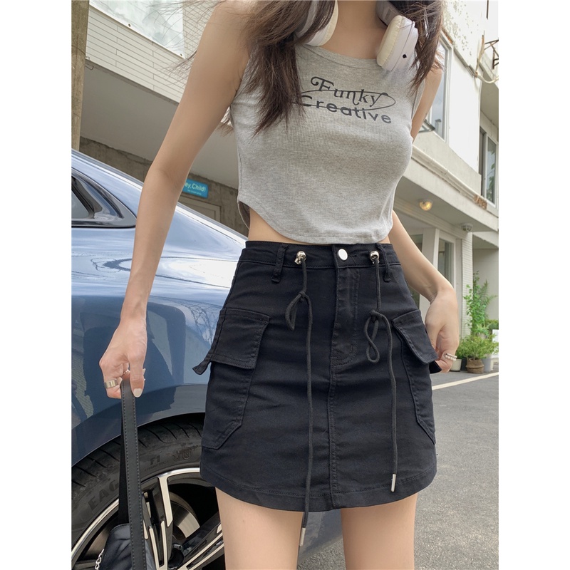 Chân Váy Denim Lưng Cao Phối Dây Rút Thời Trang Mùa Hè Cho Nữ